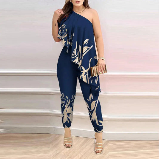Printed One-shoulder Ruffled Jumpsuit null