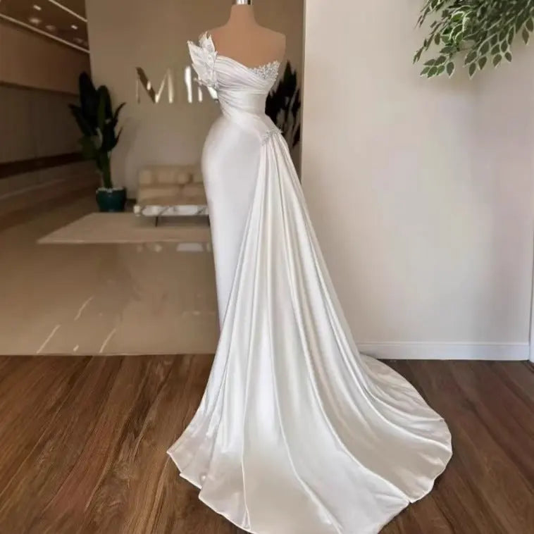 White Graceful Satin Simple Lightweight Wedding Dress Long Dress Nipaaj