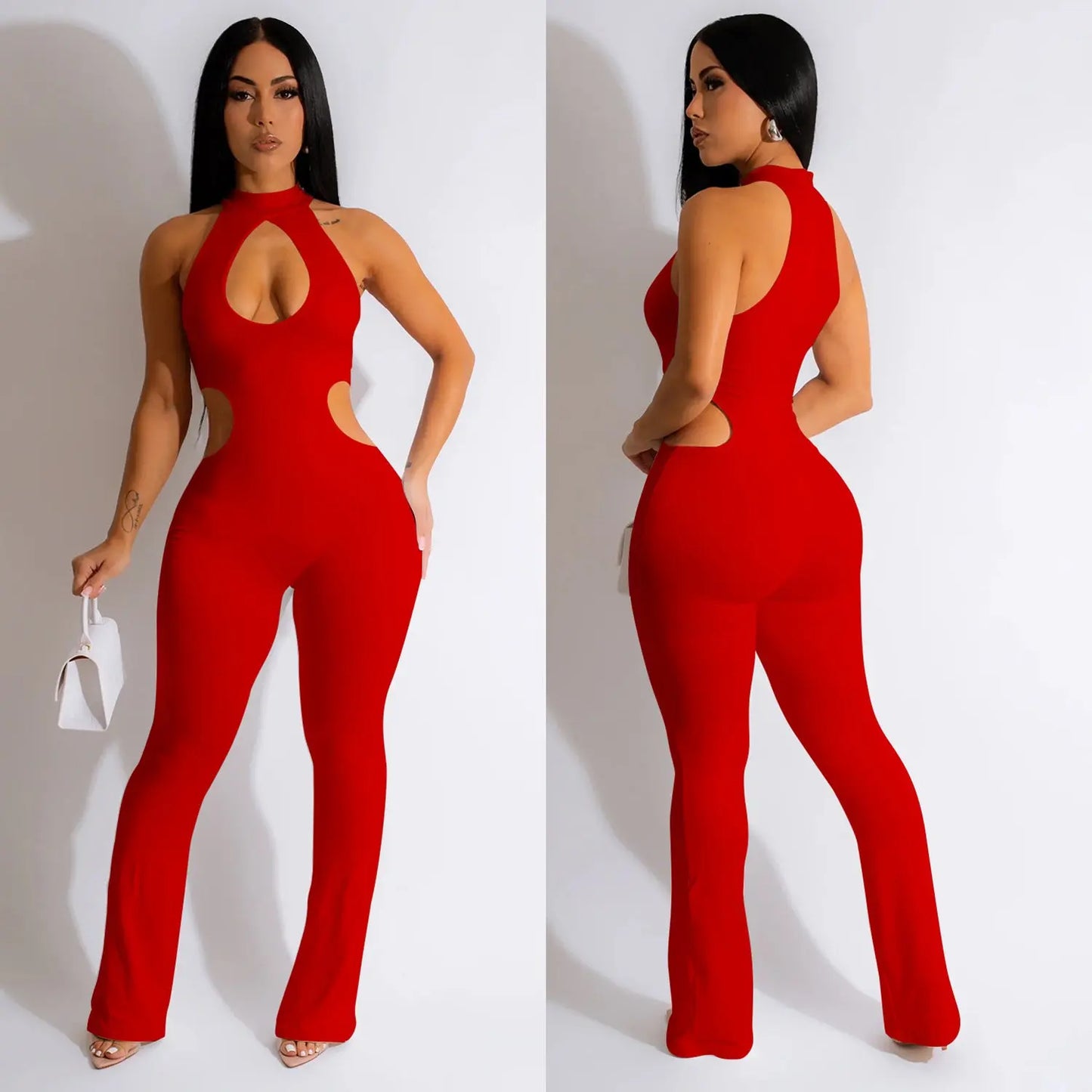 Women's Solid Color Sexy Halter Hollow-out Jumpsuit null