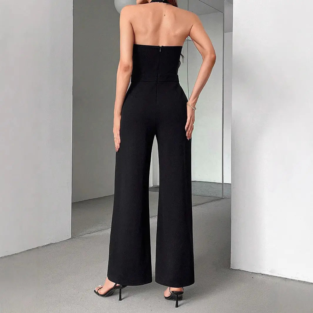 Black And White Color Matching Straight Halter Jumpsuit null