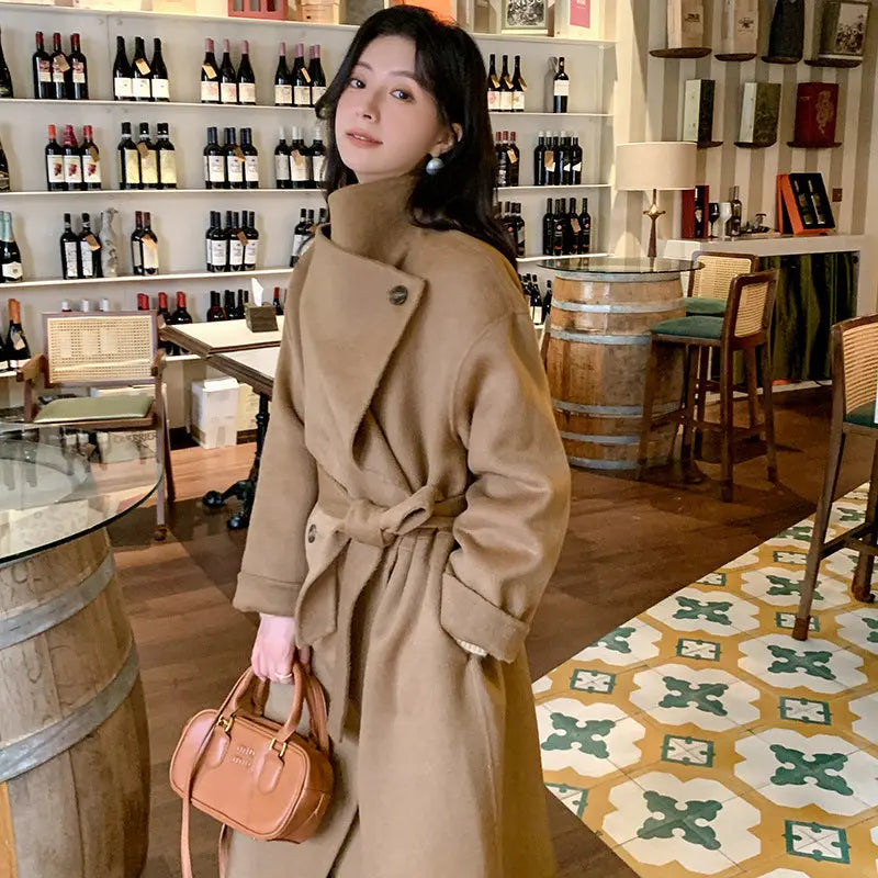 Women's Large Lapel Pure Color Tied Warm Reversible Woolen Coat null
