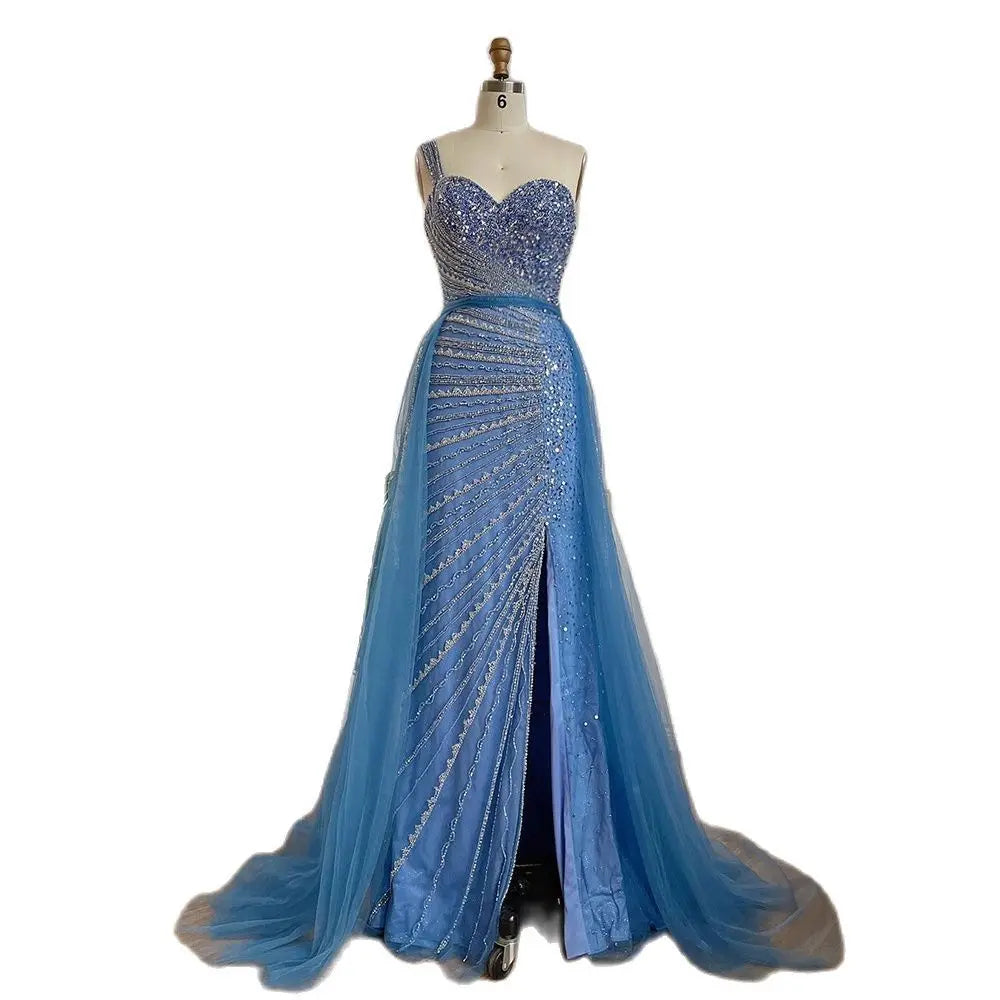 Blue Handmade Beaded Split Shoulder Fishtail Dress Nipaaj