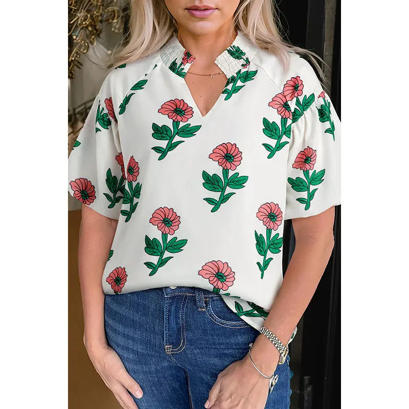 Summer Floral Printed V-neck Short Sleeve null