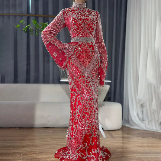 Red High Collar Fishtail Evening Long Dress Nipaaj