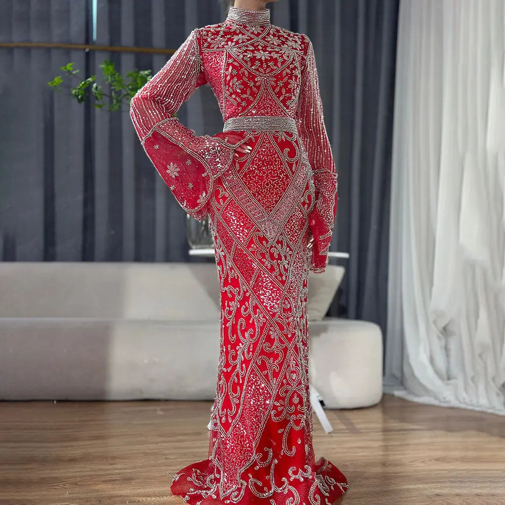 Red High Collar Fishtail Evening Long Dress Nipaaj