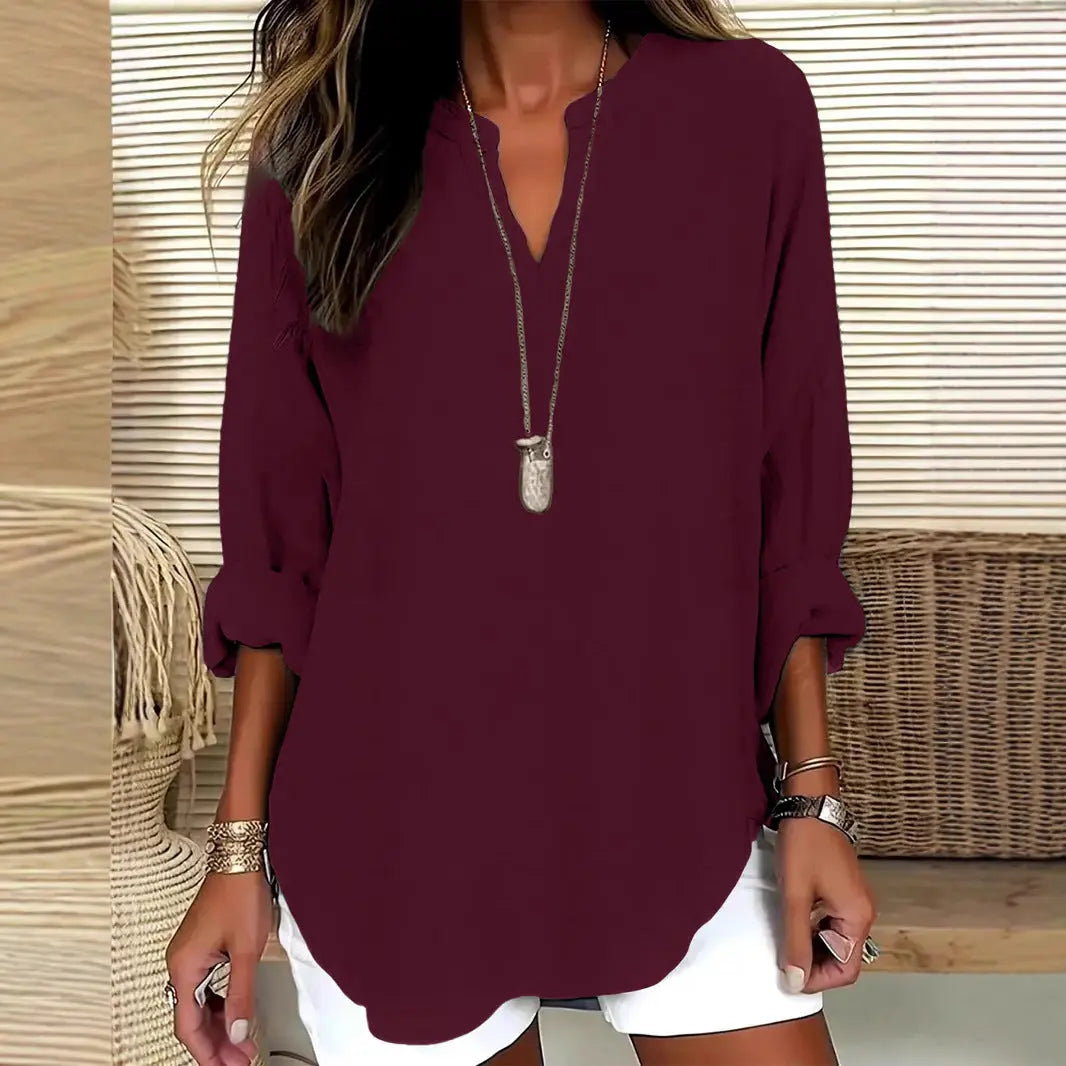 Women's V-neck Drop-shoulder Long-sleeve T-shirt Nipaaj