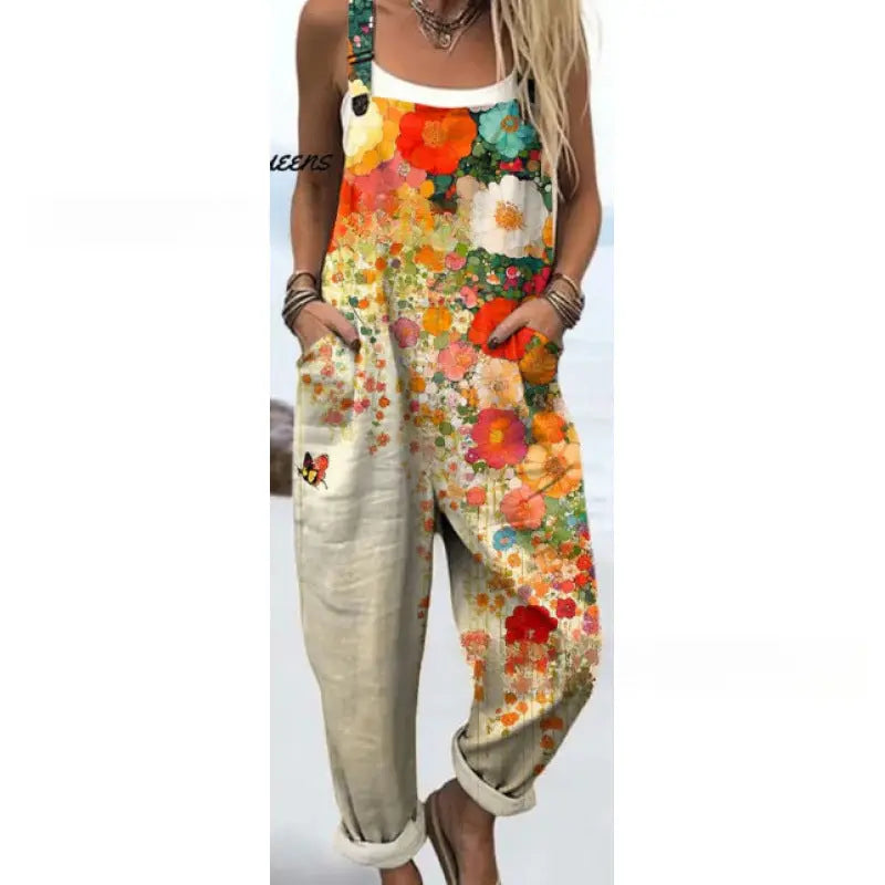 Women's Summer Digital Printing Button Casual Suspender Trousers null