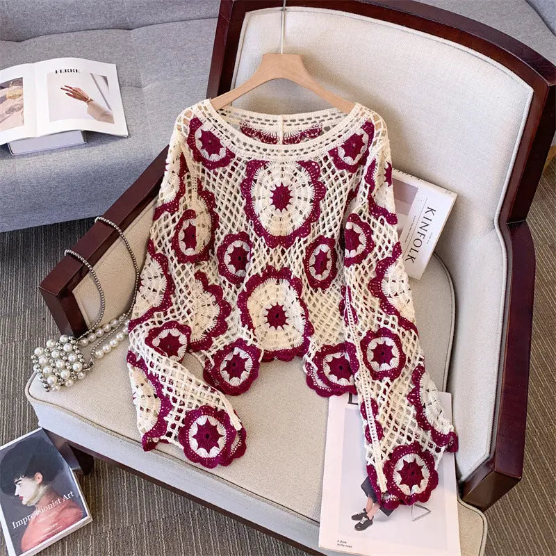 Ankela Red French Crocheted Hollow Sweater Nipaaj