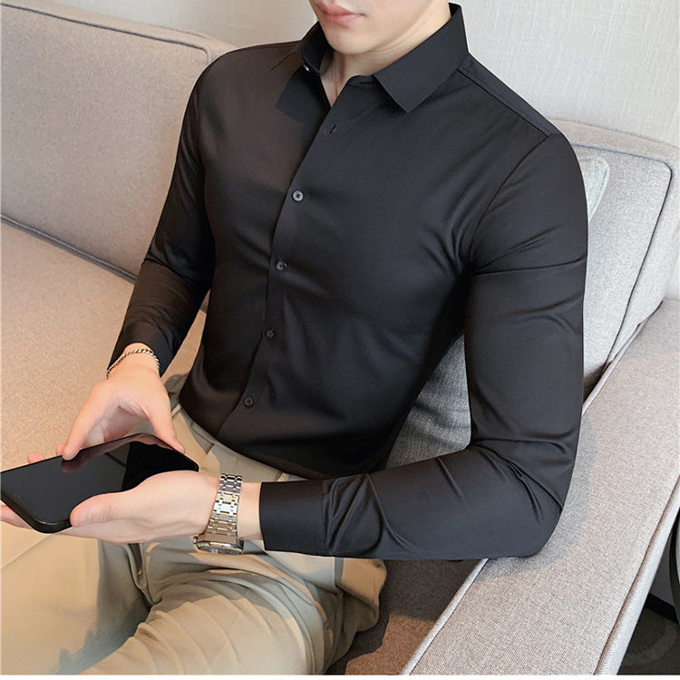 Business Casual Korean-style Slim-fit High-elastic Knitted Men's Long-sleeved Shirt