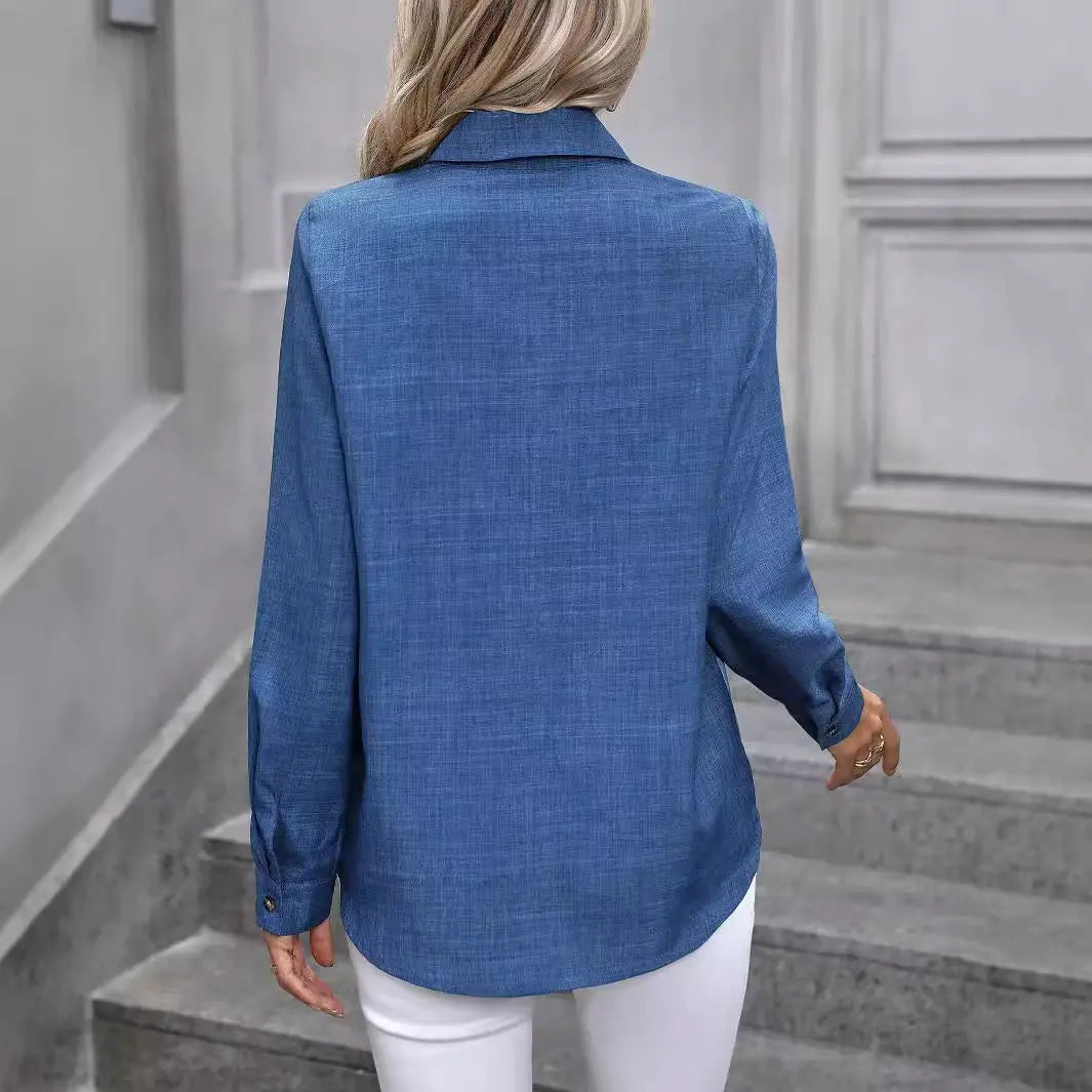 Women's Casual Single-breasted Solid Color Color Matching Long Sleeve Lapel Shirt Nipaaj