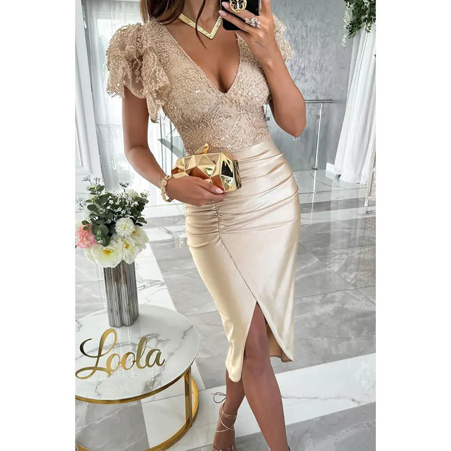 Casual Short Sleeve Split Dress Women null