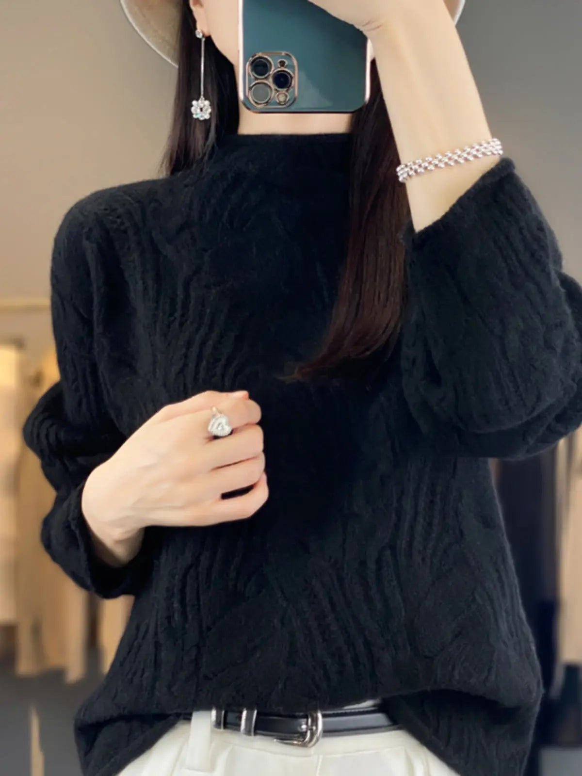Autumn And Winter New Half High Collar Pullover Solid Color Hollow Sweater Nipaaj
