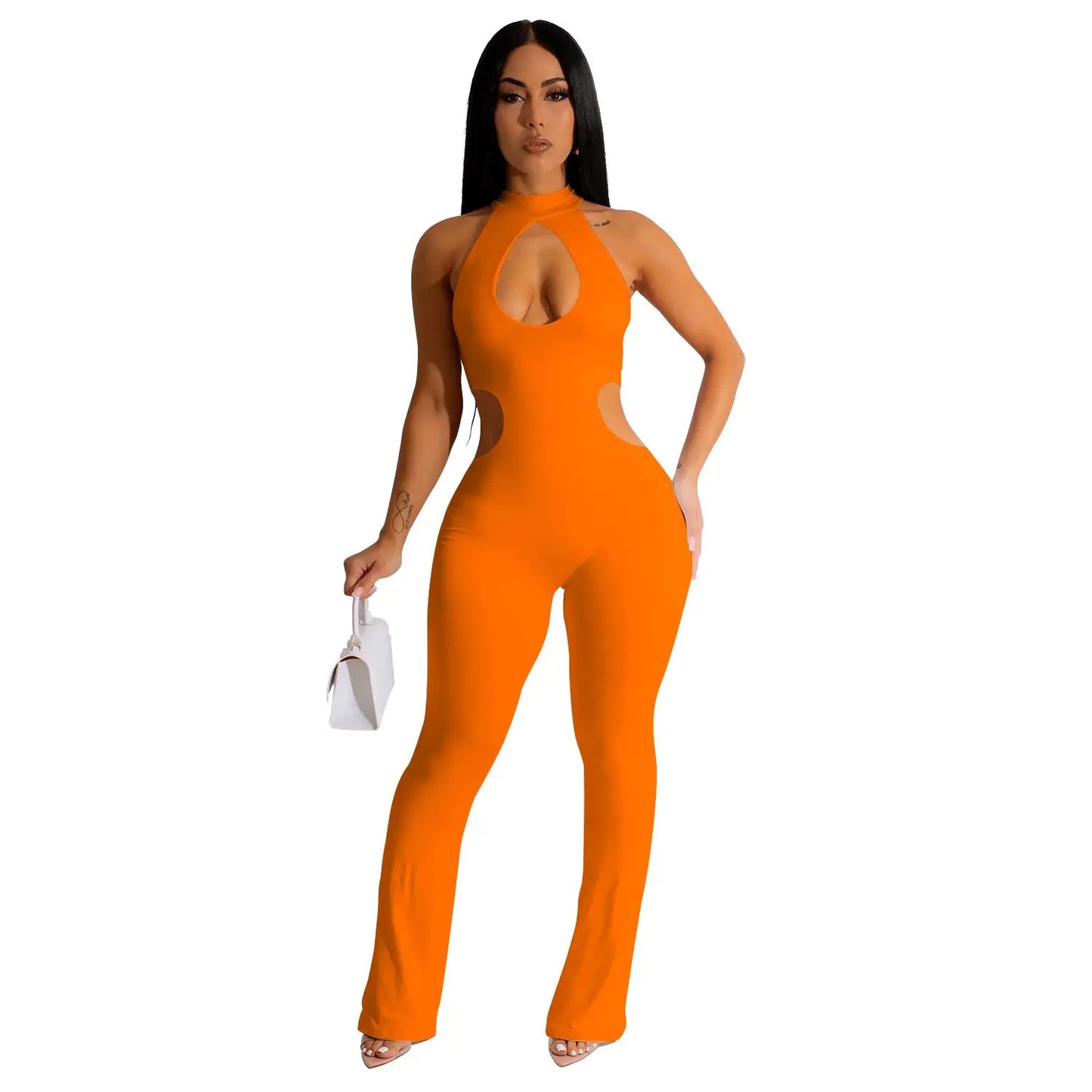 Women's Solid Color Sexy Halter Hollow-out Jumpsuit null
