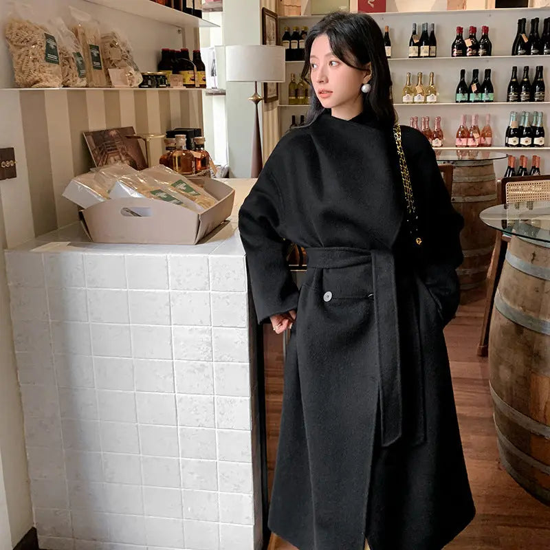 Women's Large Lapel Pure Color Tied Warm Reversible Woolen Coat null
