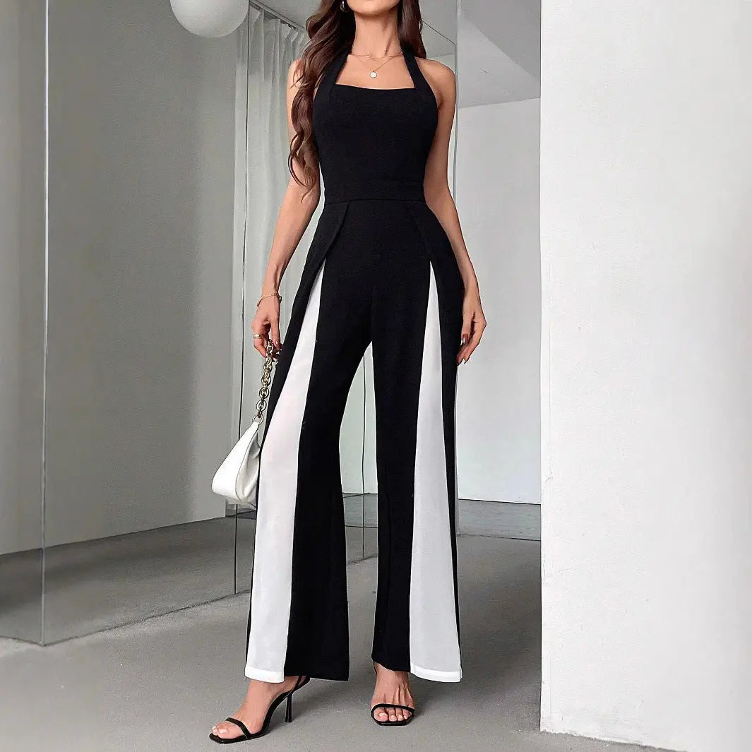 Black And White Color Matching Straight Halter Jumpsuit null