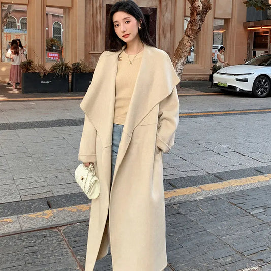 Women's Large Lapel Pure Color Tied Warm Reversible Woolen Coat null