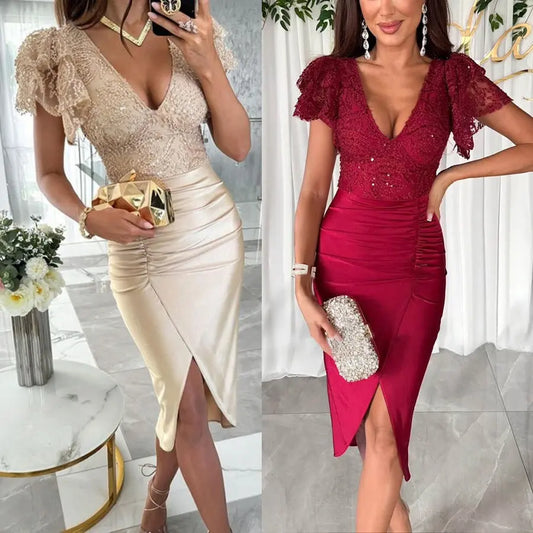 Casual Short Sleeve Split Dress Women null