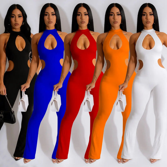 Women's Solid Color Sexy Halter Hollow-out Jumpsuit null