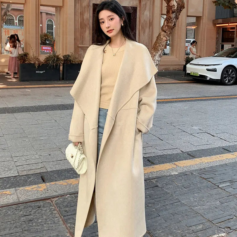 Women's Large Lapel Pure Color Tied Warm Reversible Woolen Coat null