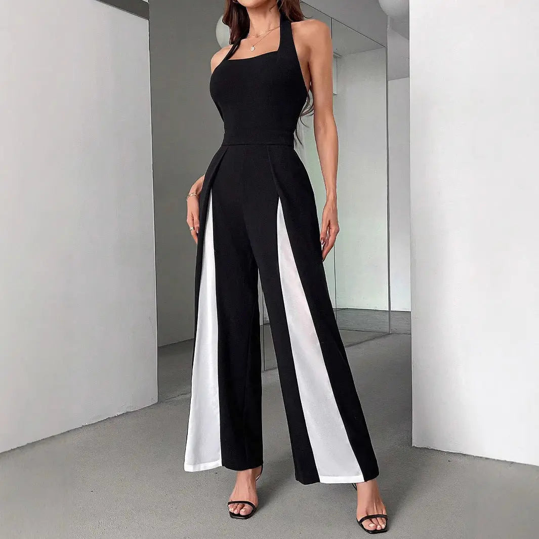 Black And White Color Matching Straight Halter Jumpsuit null