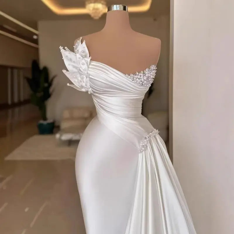 White Graceful Satin Simple Lightweight Wedding Dress Long Dress Nipaaj