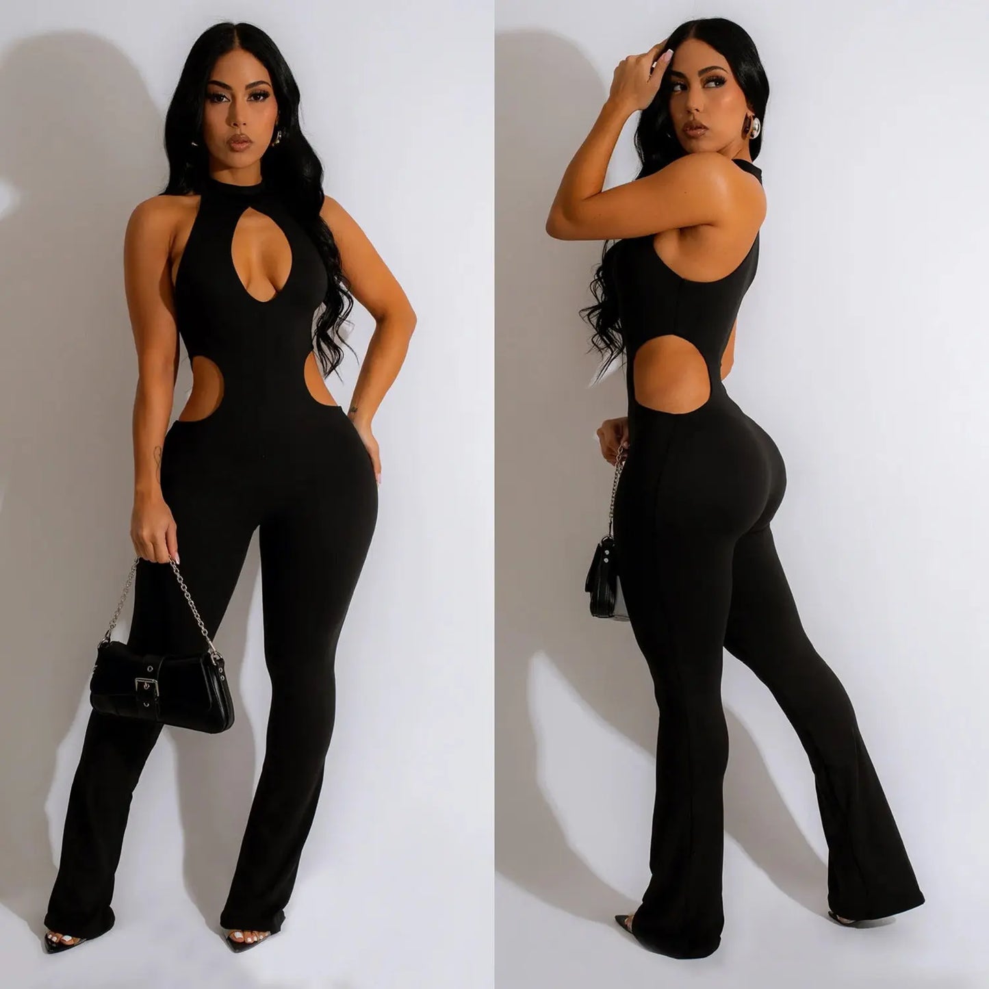 Women's Solid Color Sexy Halter Hollow-out Jumpsuit null
