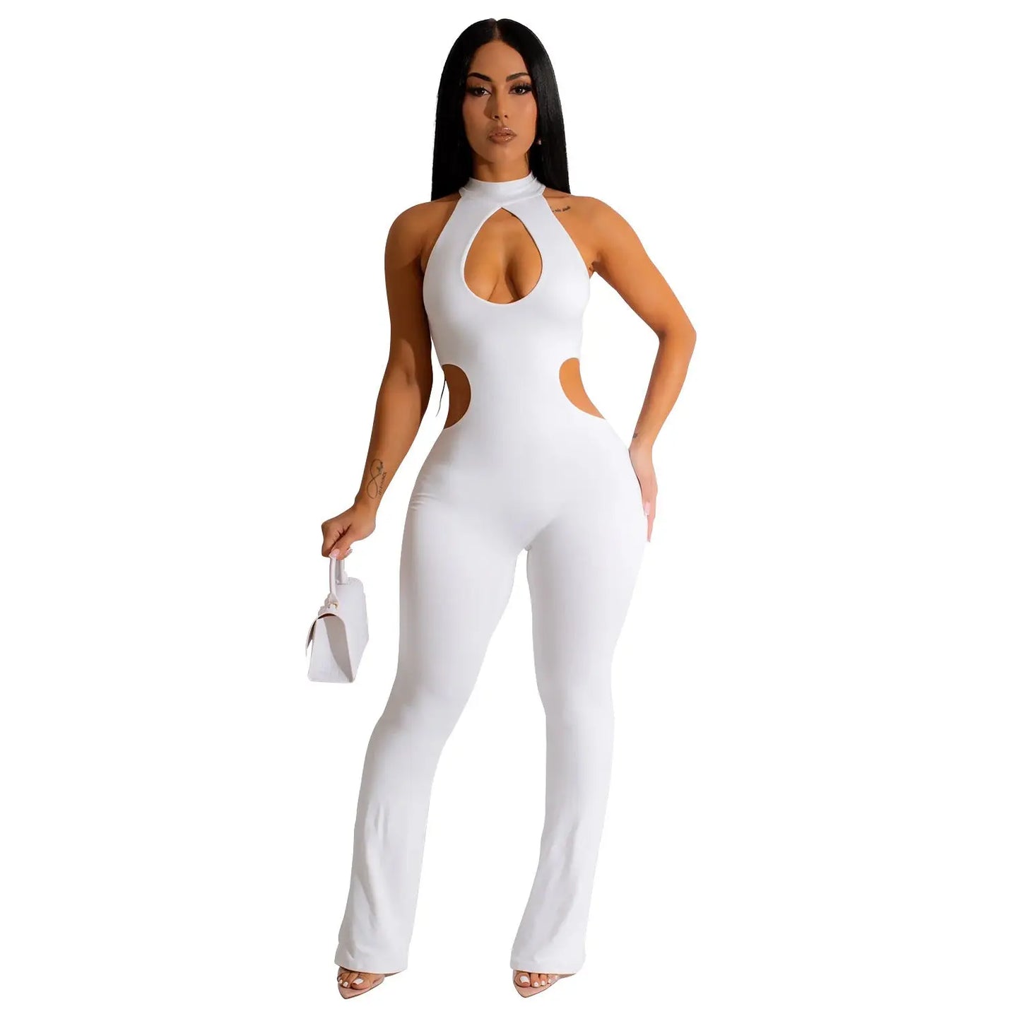 Women's Solid Color Sexy Halter Hollow-out Jumpsuit null