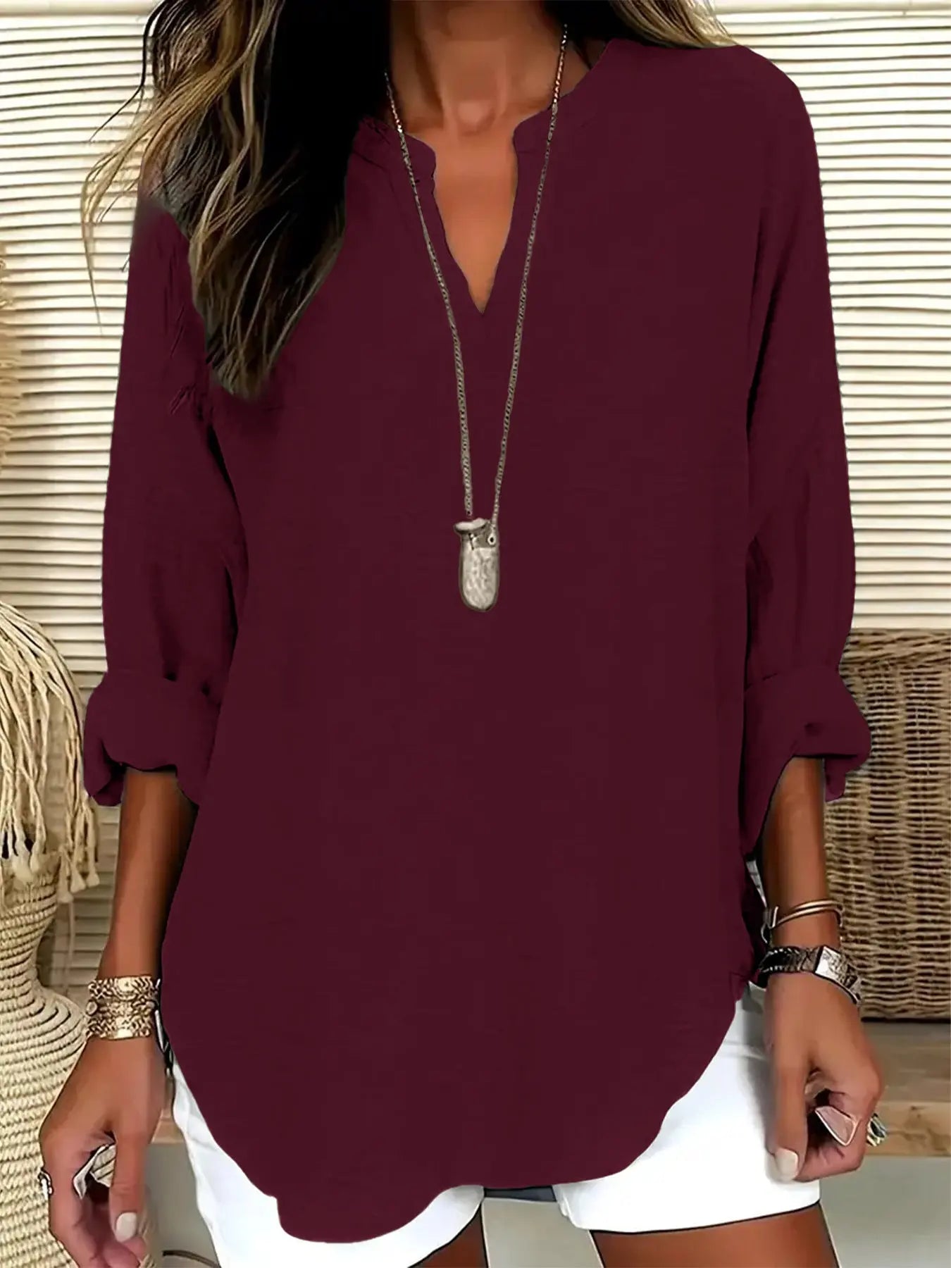 Women's V-neck Drop-shoulder Long-sleeve T-shirt Nipaaj