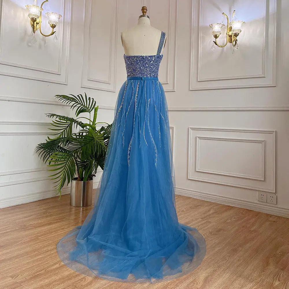 Blue Handmade Beaded Split Shoulder Fishtail Dress Nipaaj