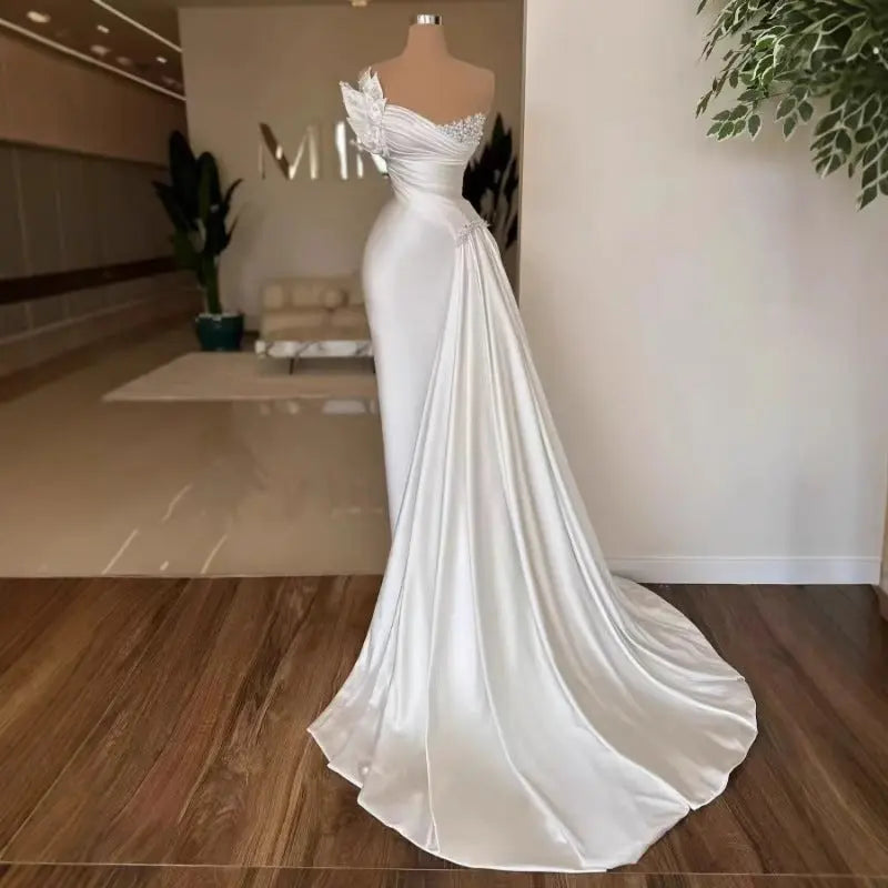 White Graceful Satin Simple Lightweight Wedding Dress Long Dress Nipaaj