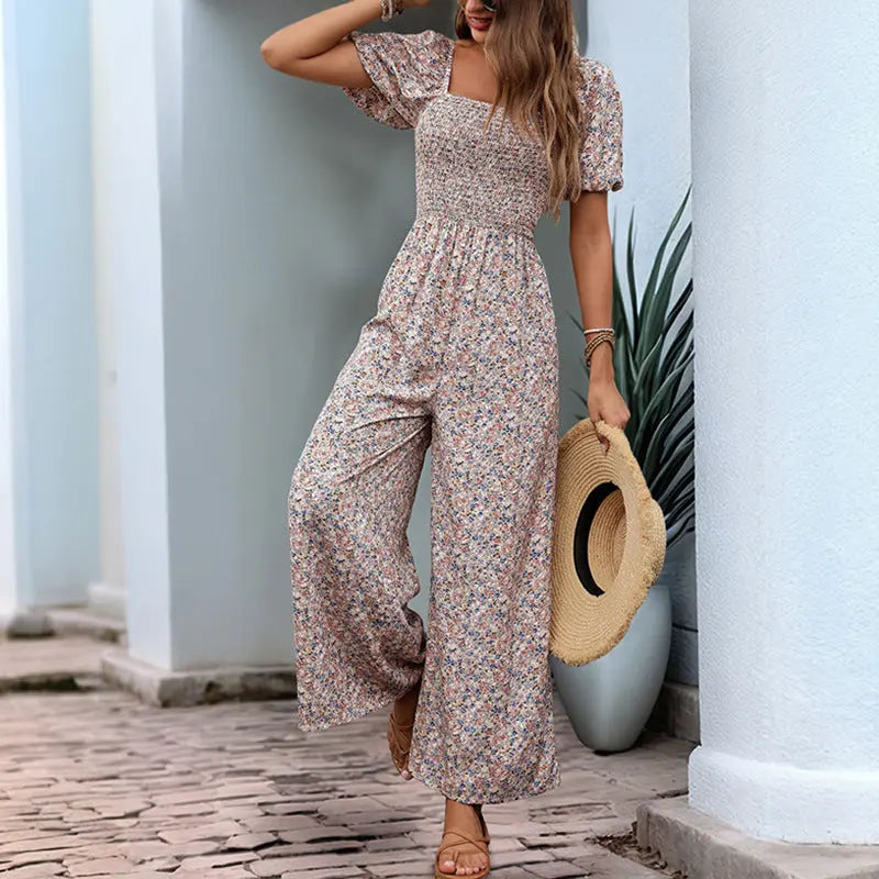 Square Collar Puff Sleeve Vacation Style Floral Jumpsuit null