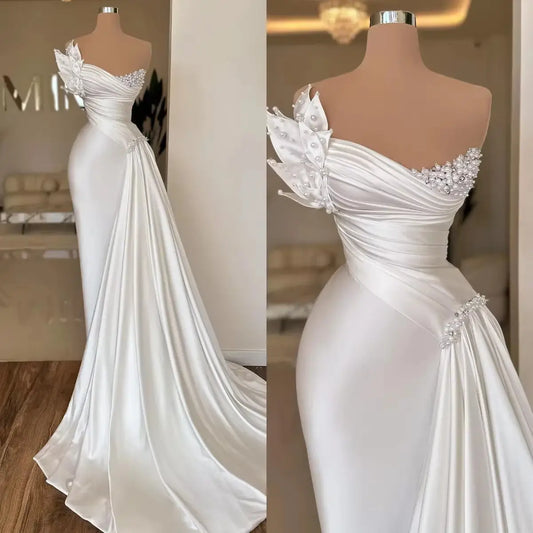 White Graceful Satin Simple Lightweight Wedding Dress Long Dress Nipaaj