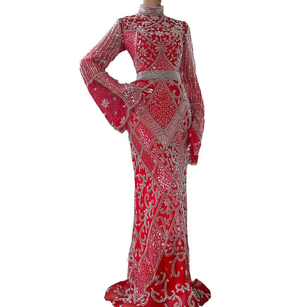 Red High Collar Fishtail Evening Long Dress Nipaaj