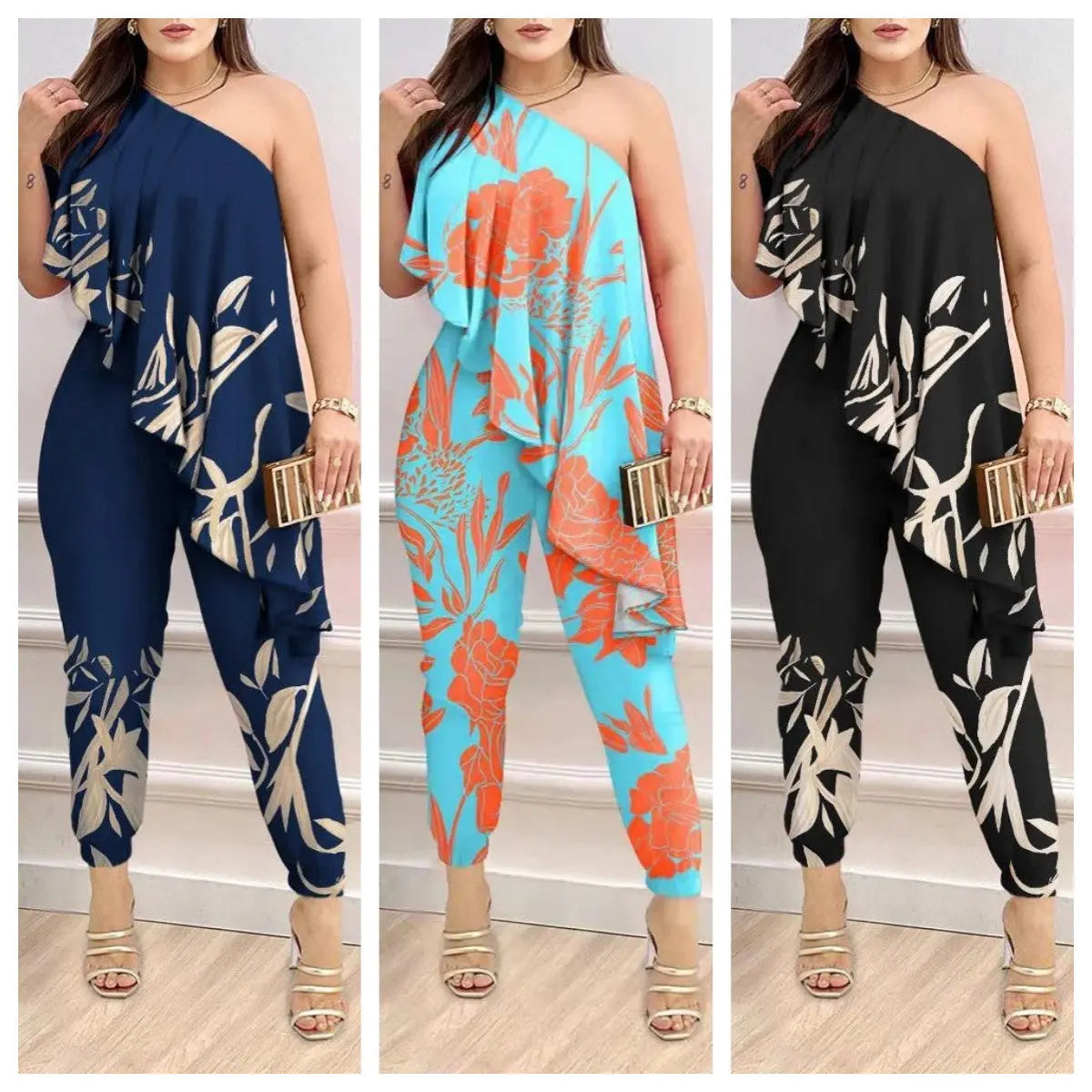 Printed One-shoulder Ruffled Jumpsuit null