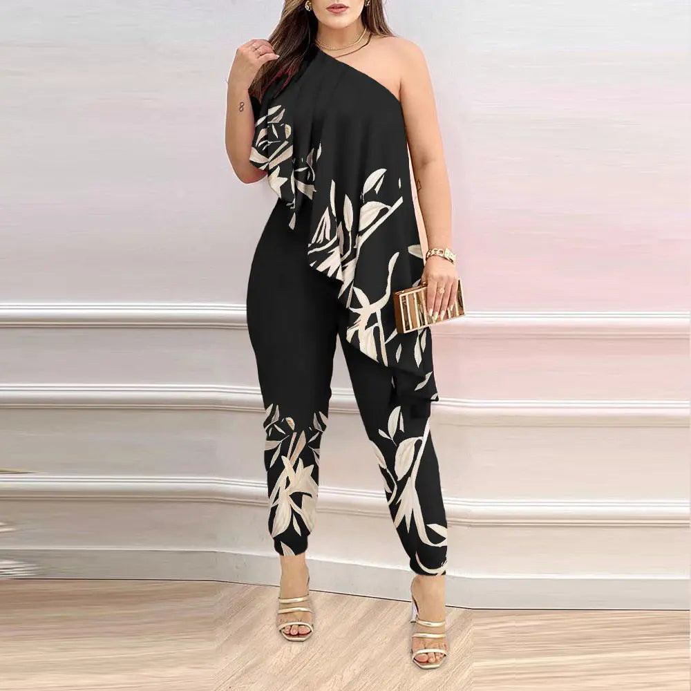 Printed One-shoulder Ruffled Jumpsuit null