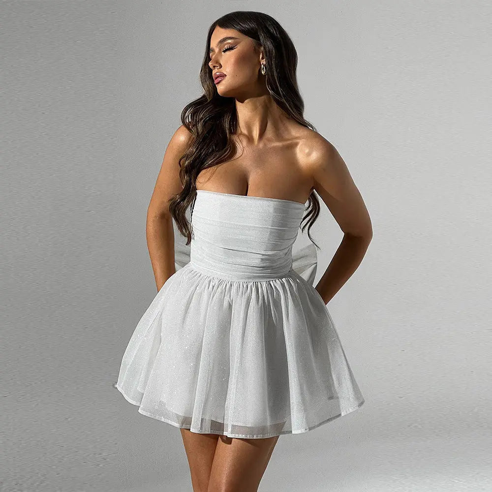 Tube Top Lace Dress With Back Bow-knot Summer Fashion Temperament Mesh Stitching Off-neck Short Skirt null
