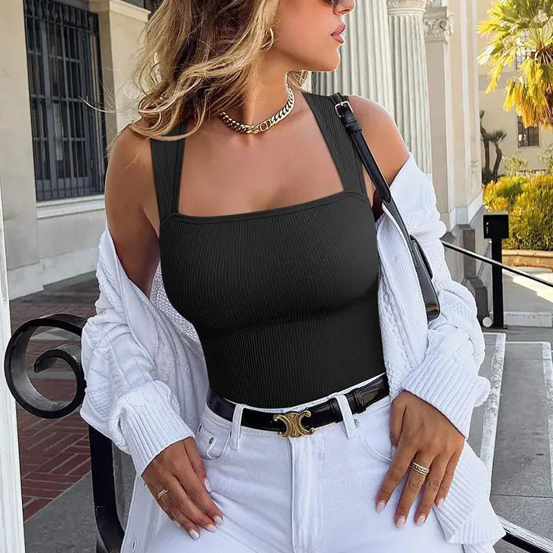 Thread Square Neck Jumpsuit Sleeveless Slim Fit Tank Top Summer Shapewear null