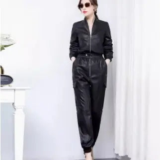 Unique And High-end Feeling, Slim Fitting Black PU Leather Work Suit And Jumpsuit For Women null