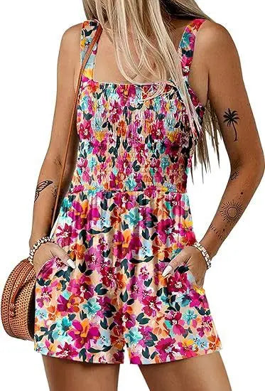 Flower Print Shorts Jumpsuit Summer Fashion Sleeveless Beach Bodysuit null