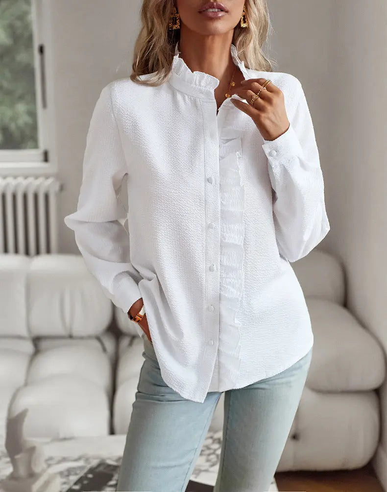 Striped Long Sleeve Shirt Fashion Ruffle Design Button Up Tops Casual Office Blouse Elegant Commuting Women's Clothing null