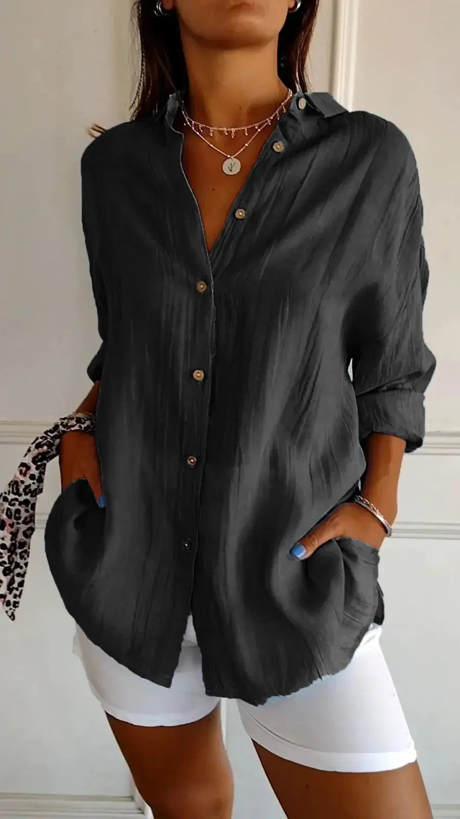 Lapel Long Sleeve Shirt Women's Single-breasted Pleated Shirt null