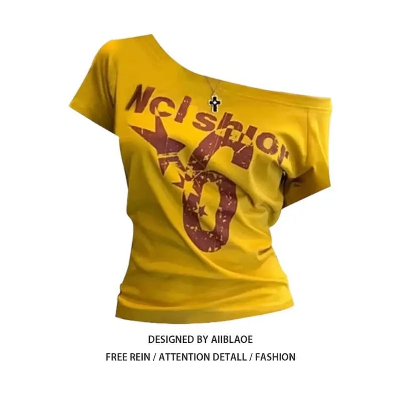 Oblique Shoulder Printed Short Sleeve Summer Slim-fit Crop-top null