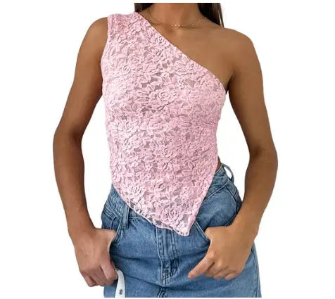 Ins Lace Backless Top Summer Solid Color Waistless Asymmetrical Sloped Neck Vest Streetwear Womens Clothes null