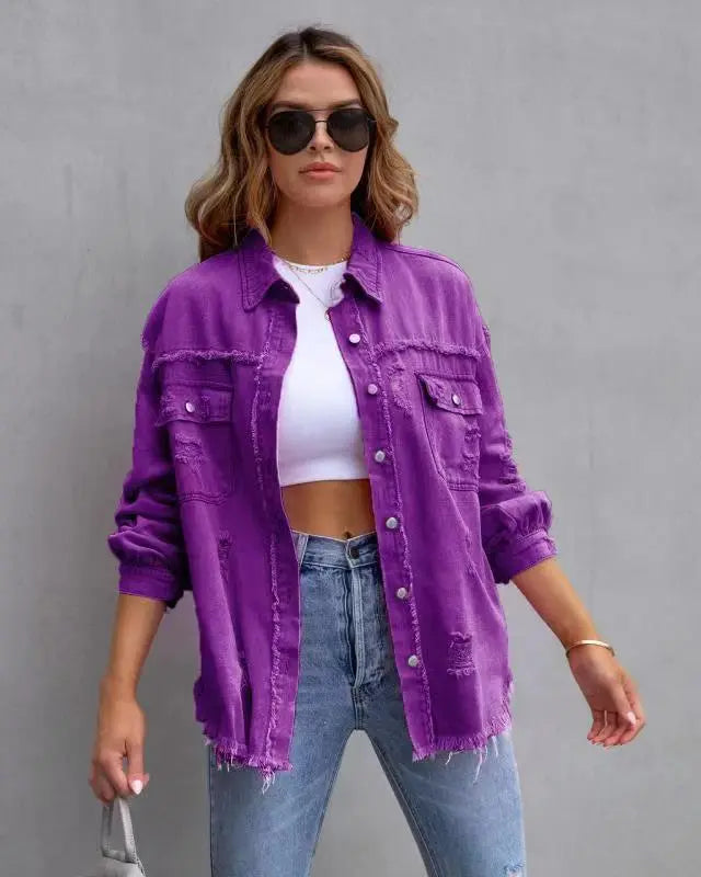 Fashion Ripped Shirt Jacket Female Autumn And Spring Casual Tops Womens Clothing null