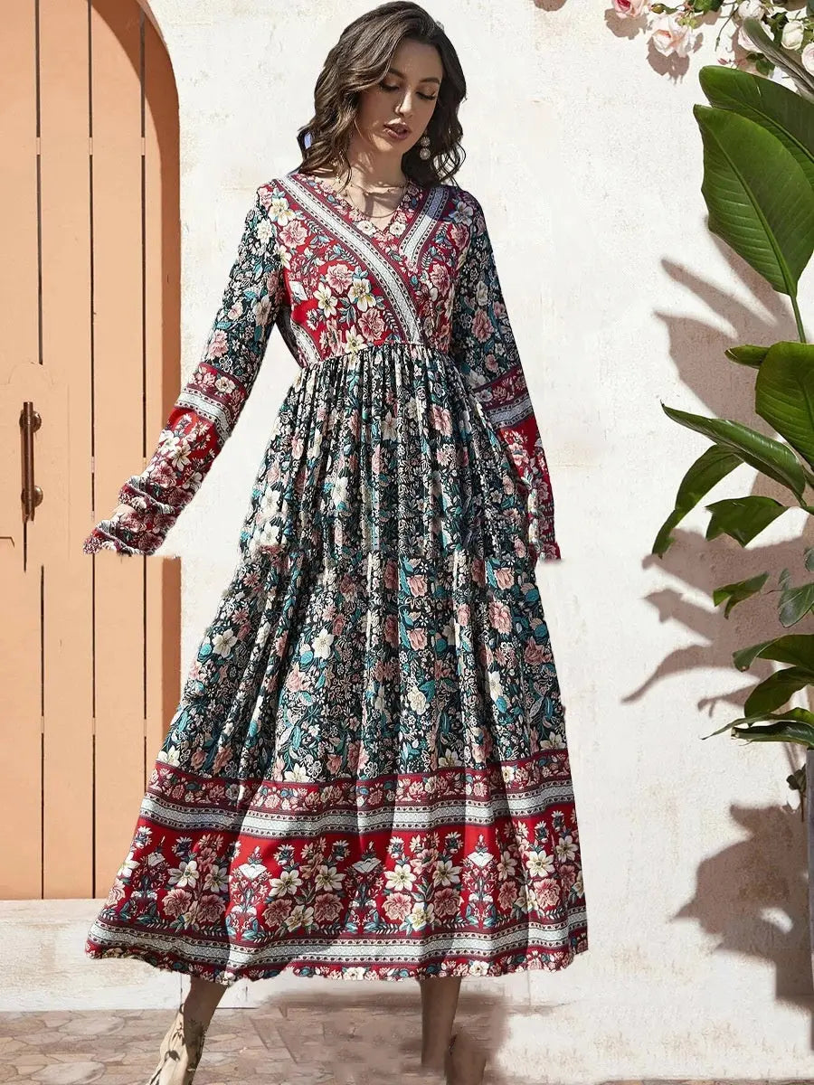 Rayon Long Sleeve Bohemian Dress Vacation Beach Large Swing Dress Nipaaj