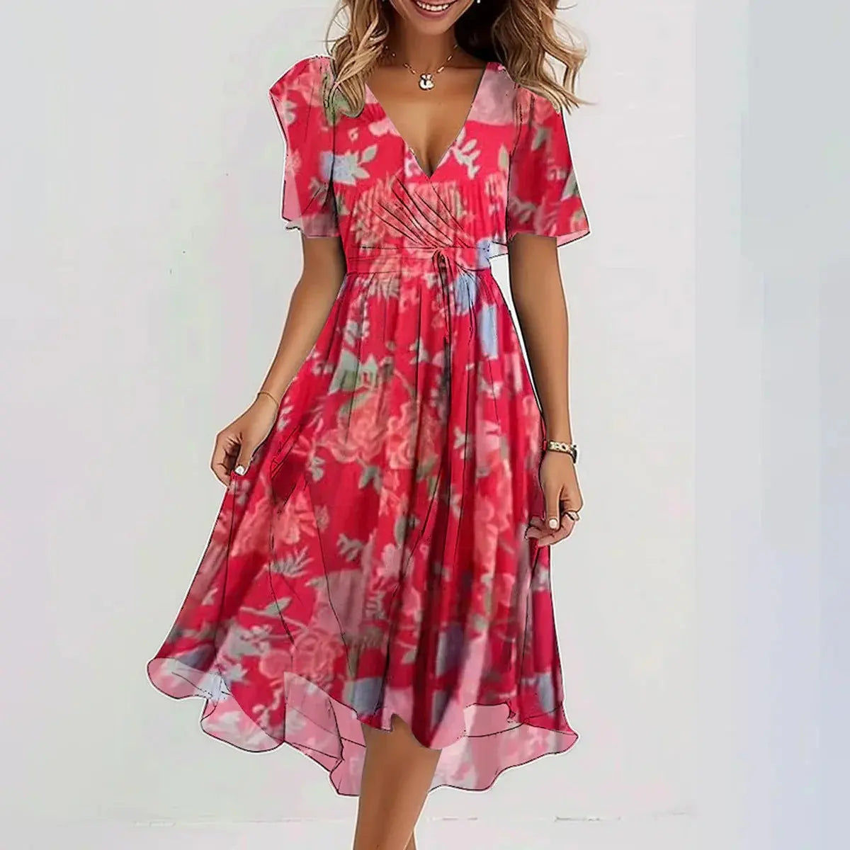 Chiffon Printed Short Sleeve Dress Summer Elegant V-neck Dresses Womens Clothing null
