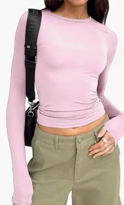 Women's Clothing Fashion Slim Long-sleeved Pullovers Tops Solid Causal Fit Shirts null