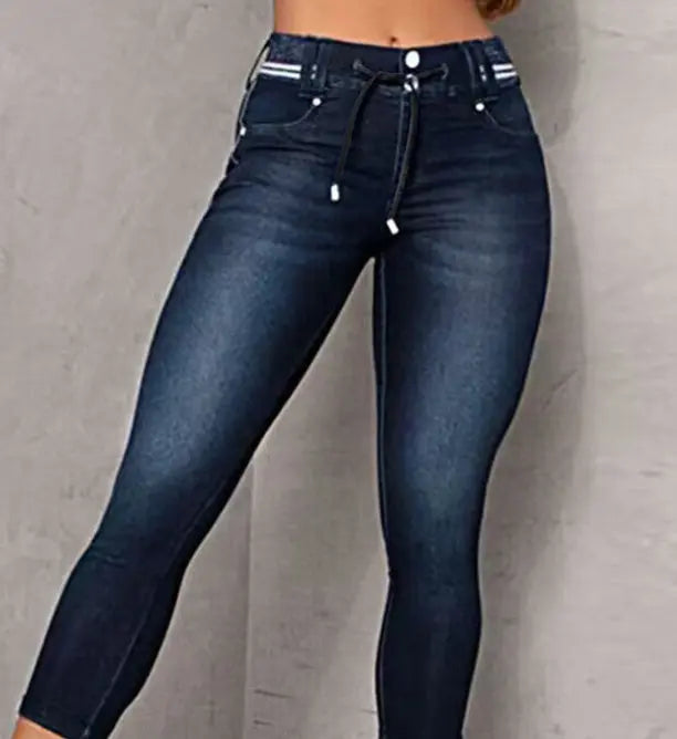 Striped Stitching Drawstring Tight Hip Raise Skinny Denim Ankle-length Pants Nipaaj