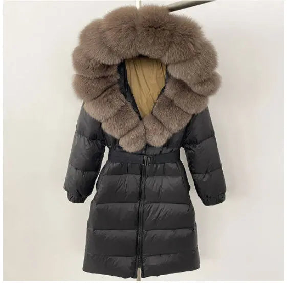 Women's Long Cinched Hoodie Real Fox Fur Collar Coat null