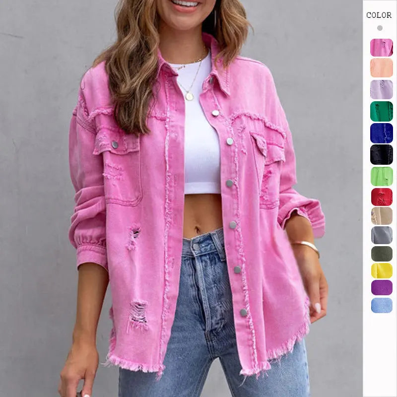 Fashion Ripped Shirt Jacket Female Autumn And Spring Casual Tops Womens Clothing null